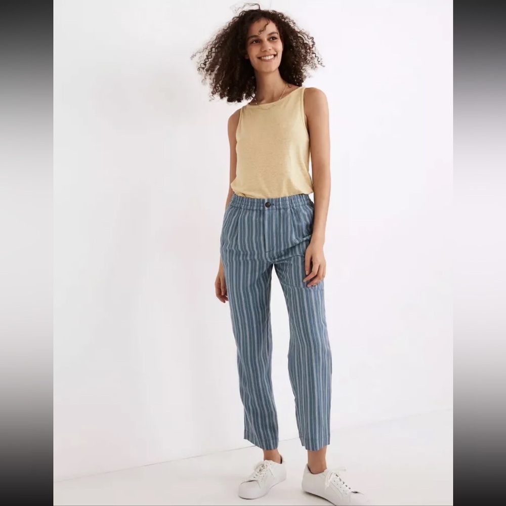 Madewell Striped Linen Blend Track Trouser Pants Pleated Blue Size Medium
